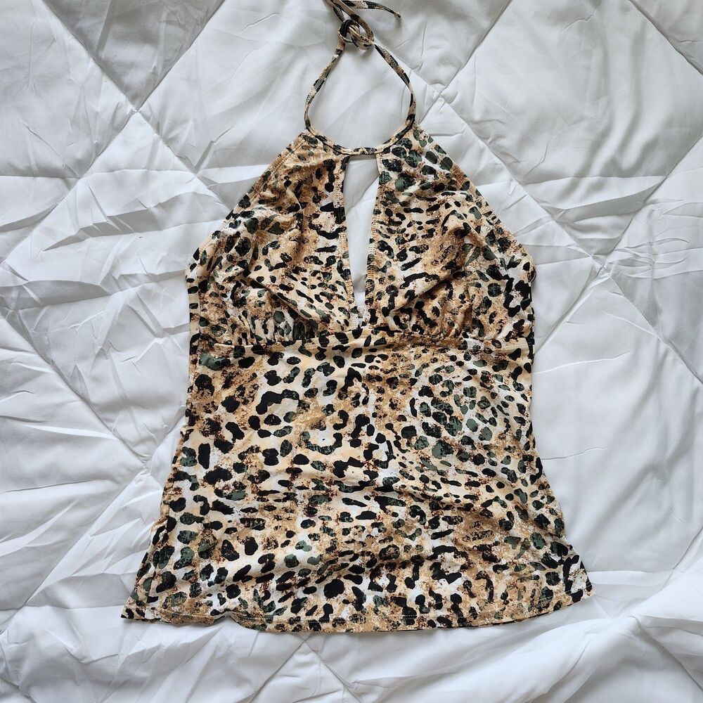 Mynah Leopard Print Adjustable Halter Tankini Top Swimwear Size M